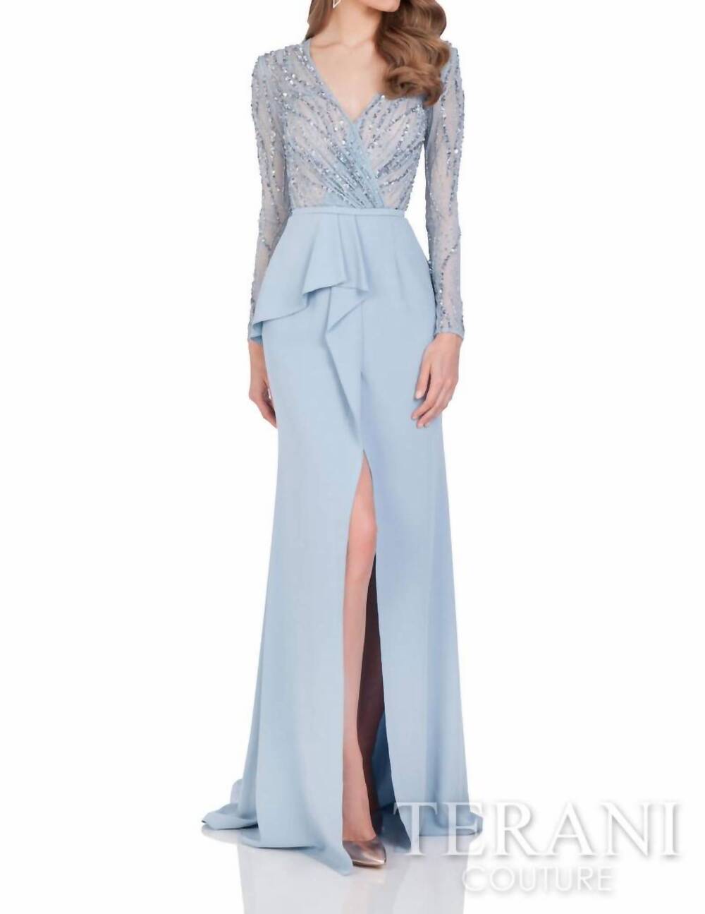NEW TERANI COUTURE long sleeve wrap trumpet skirt gown in powder blue